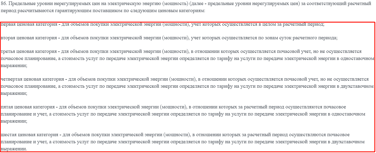 Ценовые категории на электроэнергию