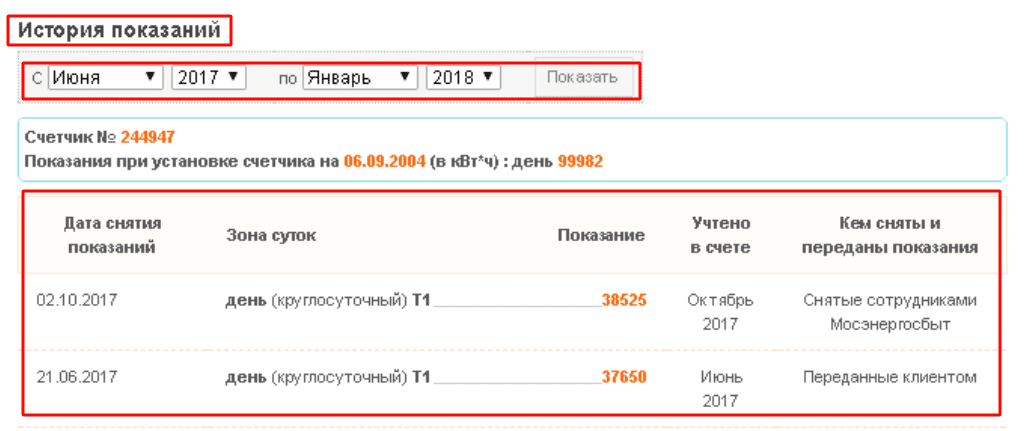 Посмотреть историю показаний счетчиков за необходимый период