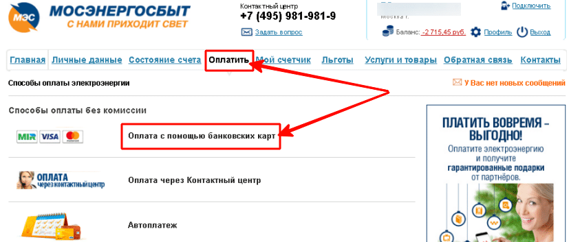 Оплатить электроэнергию на сайте Мосэнергосбыт