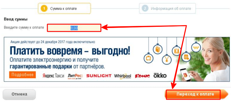 Окно для ввода суммы оплаты